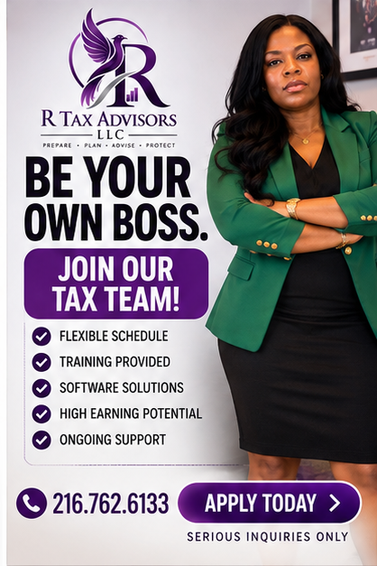 R Tax Advisors brand representative in green blazer